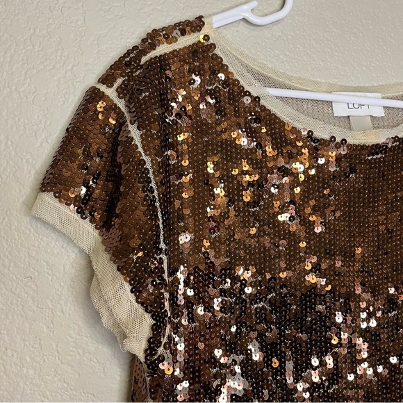 Ann Taylor LOFT Bronze and Cream Sequin Mesh Cap Sleeve Top Size Medium - Picture 5 of 13